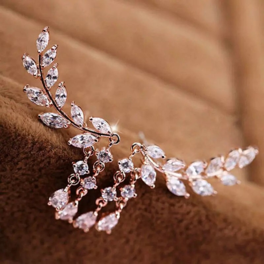 “Athena” Goddess Diamond Leaf Climber/Crawler Waterfall Crystal Bohemian Earring - Picture 4 of 9
